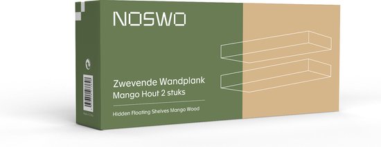 Noswo Schwebendes Wandregal - 2er Set mit 15 kg Belastbarkeit - Massives Mangoholz - Wandregal - 43x16,8 x4 cm - Kann als Wandregal, Bücherregal und Fotoregal verwendet werden - Inklusive Befestigungsmaterial