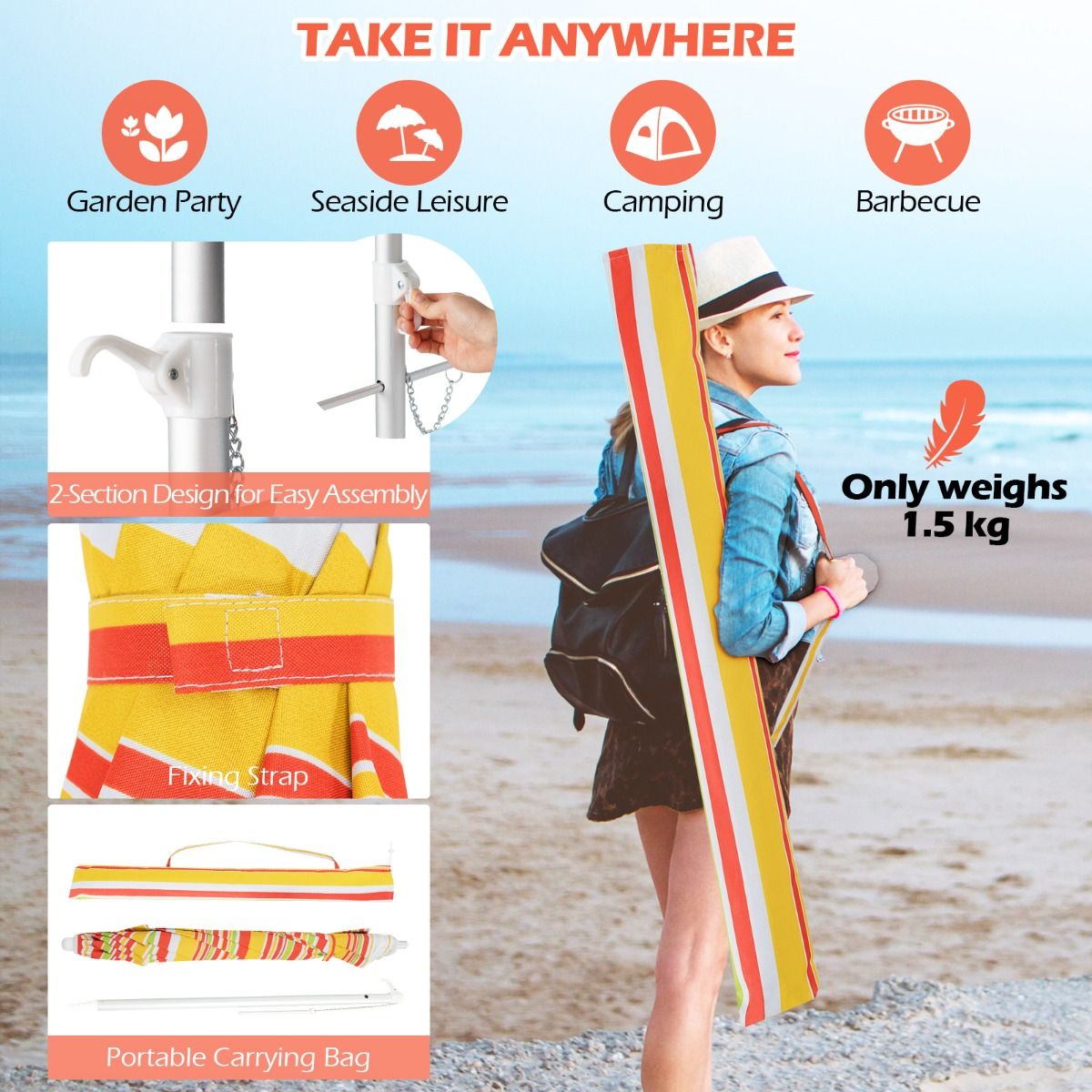 Coast Beach Parasol Ø198 x 206 cm - Rot/Gelb - Tragbarer Sonnenschirm mit Sandanker & Tragetasche