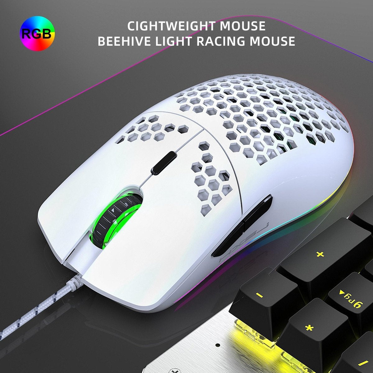 HxSJ - Gaming-Maus J900 - Ultraleicht - RGB-Beleuchtung - 6400DPI - Weiß