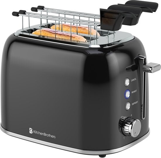 KitchenBrothers Toaster - Mit Toasty Clamps - 6 Heizstufen - Breite Schlitze - 870W - Schwarz