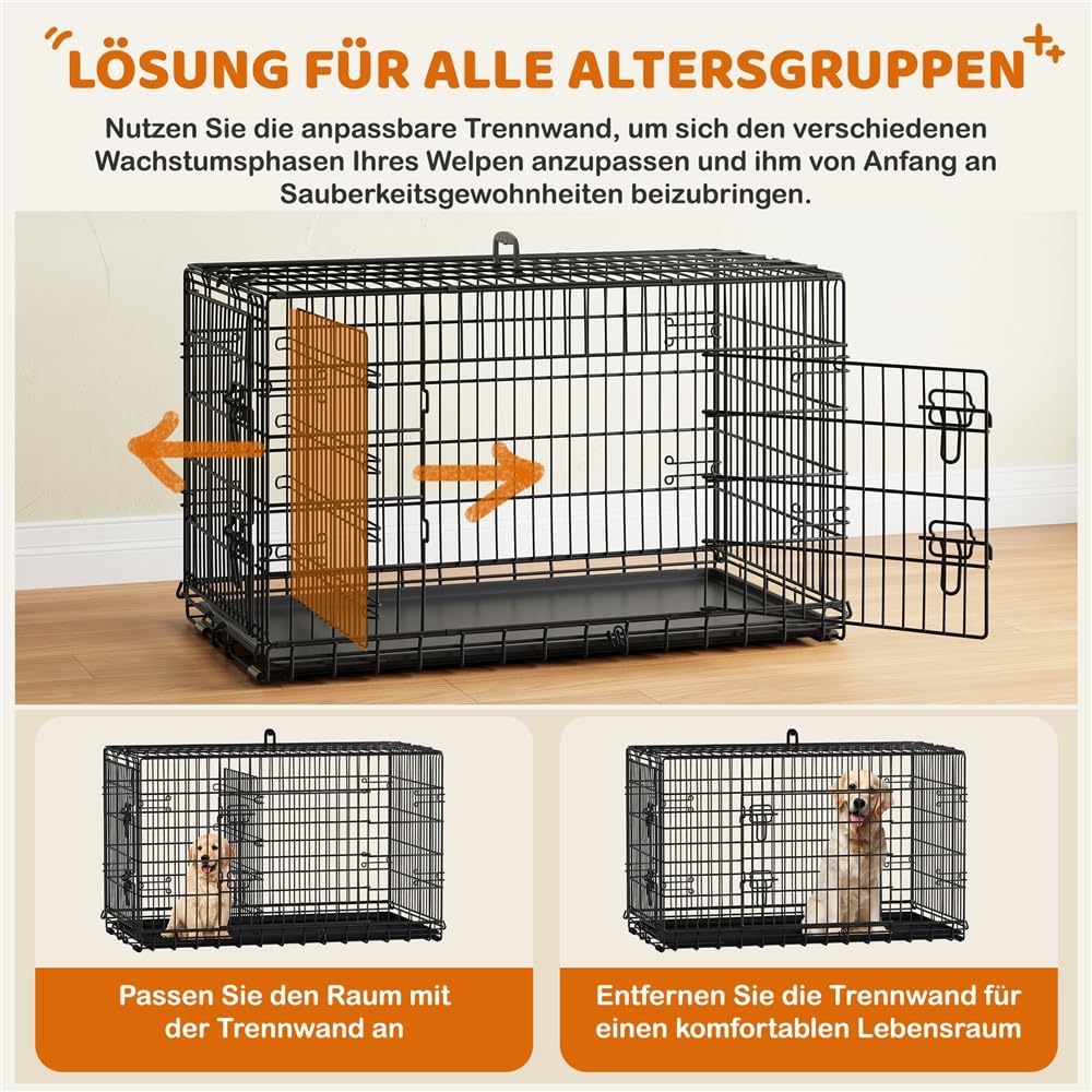 Yaheetech Faltbare Hundebox XL – 107 x 66 x 74,5 cm – 2 Türen mit Trennwand und herausnehmbarem Boden – Schwarz