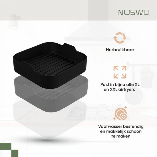 Noswo Airfryer Silikontablett - 4er-Set mit Handschuhen - 20,5x20,5 cm - Alternative zu Backpapier - Zubehör - Korb - Backform - XXL