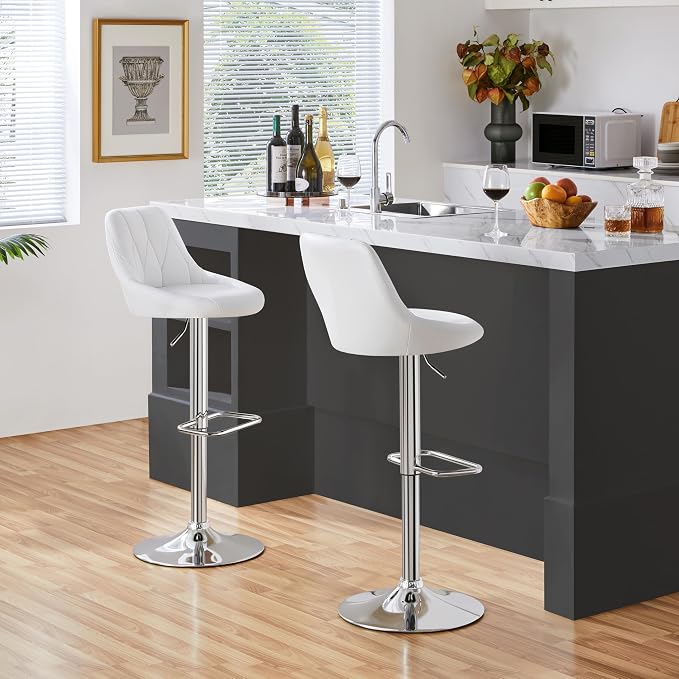 Yaheetech Barhocker mit Rückenlehne und Fußstütze – Kunstleder – Verstellbar von 86 bis 107,5 cm – 46 x 49 cm – Weiß