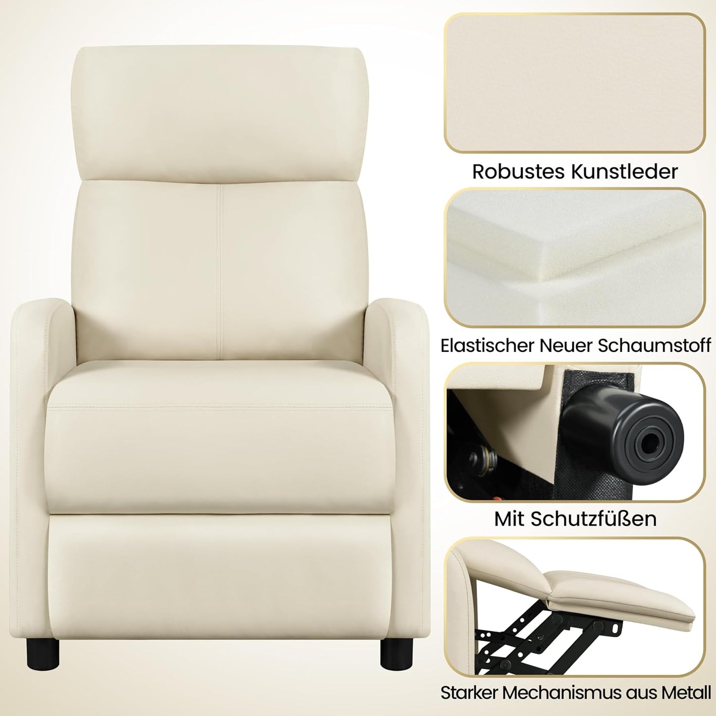 Yaheetech Relaxsessel XL – Verstellbarer Liegesessel mit Fußstütze – Kunstleder, beige – 87 x 61,5 x 99 cm