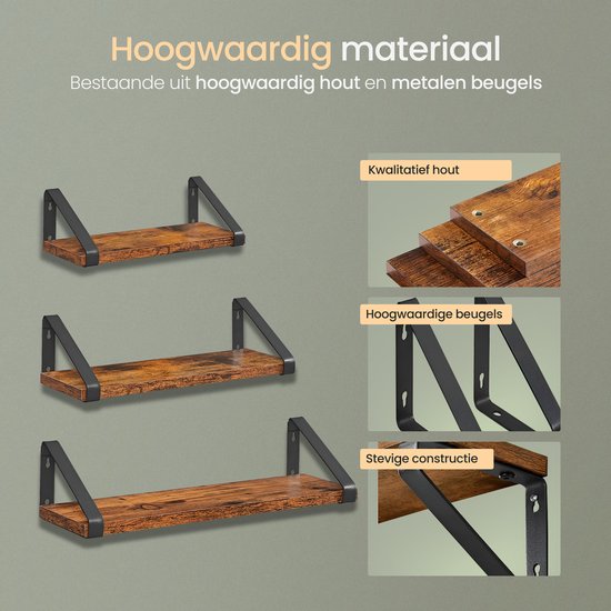 O'DADDY® Schweberegale - Wandregal - Vintage Design - Wandregal - Holzregale für die Wand - Bücherregal - Wandregale & Racks - 3 Stück - Braunes Holz - Schwarzes Metall
