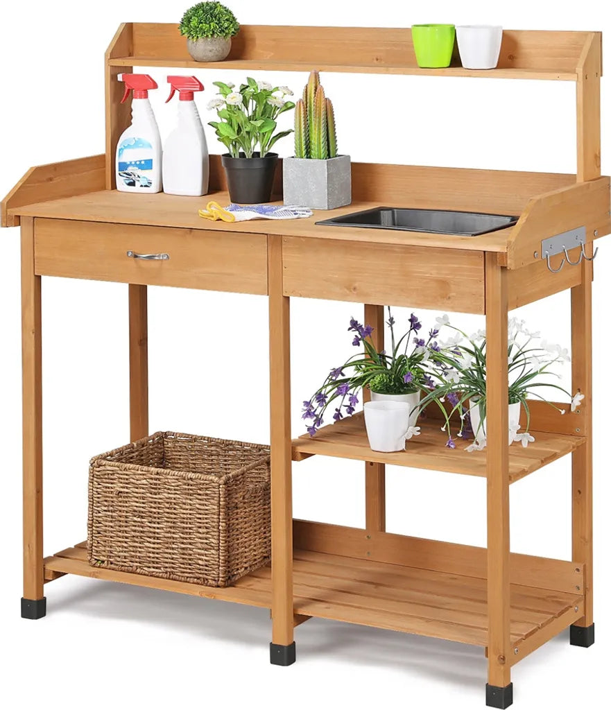 Yaheetech Pflanztisch - Mit Spülbecken - Verstellbares Regal - Gartenarbeitstisch - Holztisch - Wetterfest