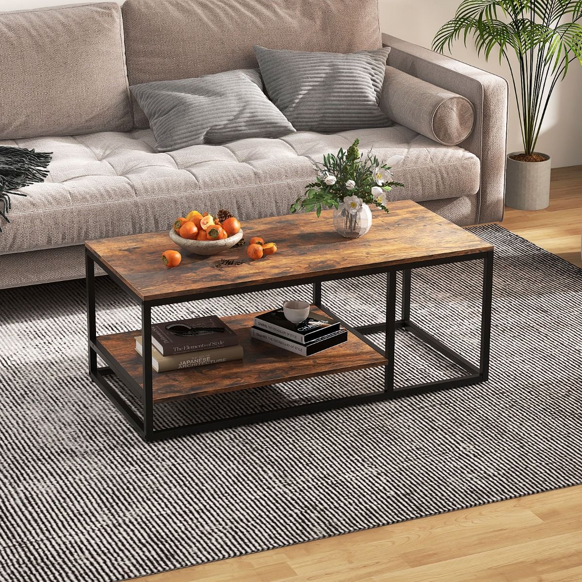 Coast Couchtisch – rechteckig – 2-stöckiger Stauraum – rustikales Braun und Schwarz – 105 x 50 x 42,5 cm