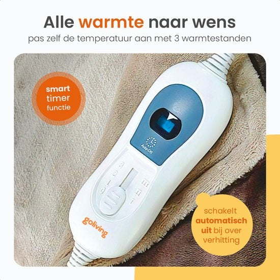 Goliving Elektrische Heizdecke - 3 Wärmestufen - Waschmaschinenfest - 120W - 2,5 Meter Kabel - 160 x 120 cm - Braun
