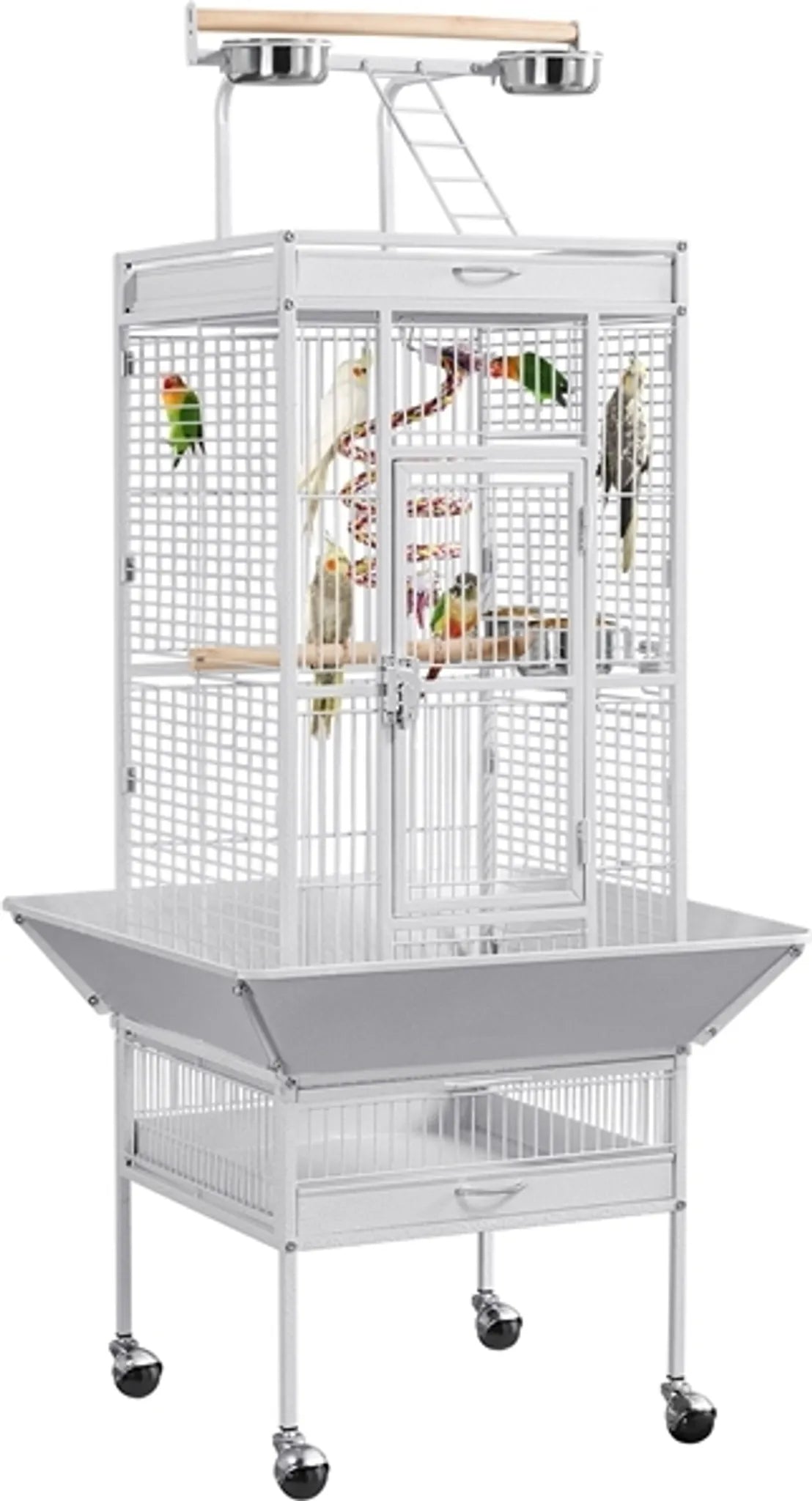 Yaheetech Papageienkäfig mit Spielplateau - Ausgestattet mit Saatgutfänger und ausziehbaren Kotschubladen und Futtertüren - Für Wellensittiche und Papageien - Weißes pulverbeschichtetes Eisen - 65,5 x 65,5 x 156 cm