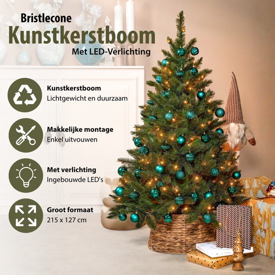 Triumph Tree Bristlecone Kunstweihnachtsbaum – Weihnachtsbaum mit Beleuchtung und 240 LED-Lämpchen – Kunstbaum mit Scharnierkonstruktion – H 215 x Ø 127 cm – Dunkelgrün – Für den Innenbereich