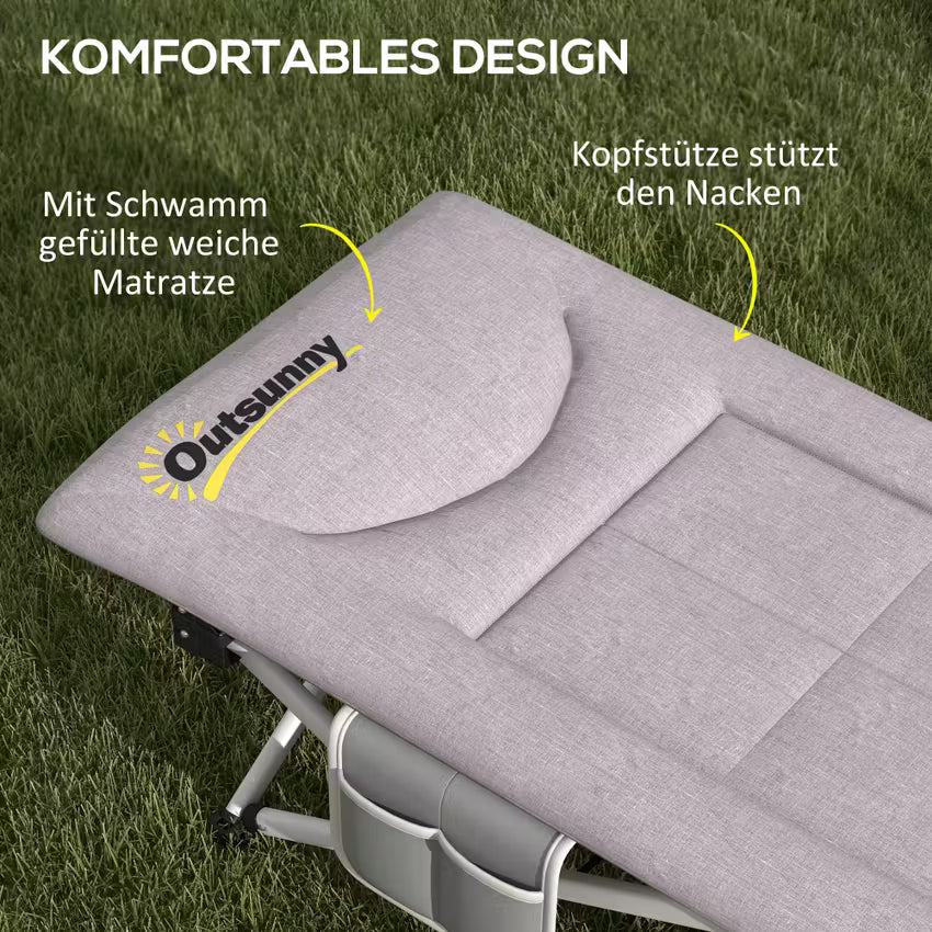 Outsunny Campingbett faltbar - 200 kg Belastbarkeit, inkl. Matratze, Kissen & Organizer - Grau, 200 x 65 x 42 cm