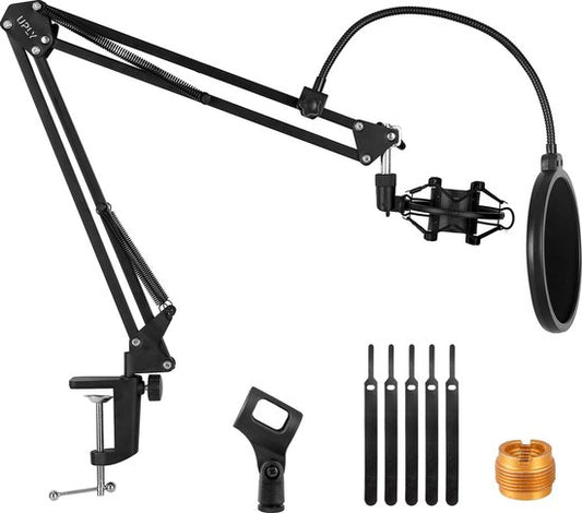 UPLY Mikrofonarm - Inklusive Pop-Filter und Shockmount - Ohne Mikrofon - Boom Arm - Mikrofonständer - Stativ - Faltbar - 360 Grad - Schwarz