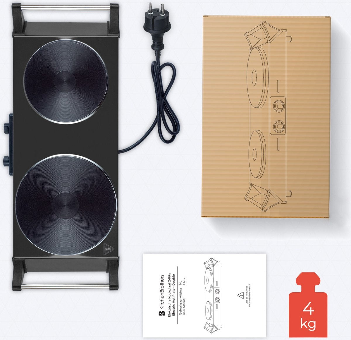 KitchenBrothers Elektrokochfeld - 2 Brenner - 2500W - Schwarz