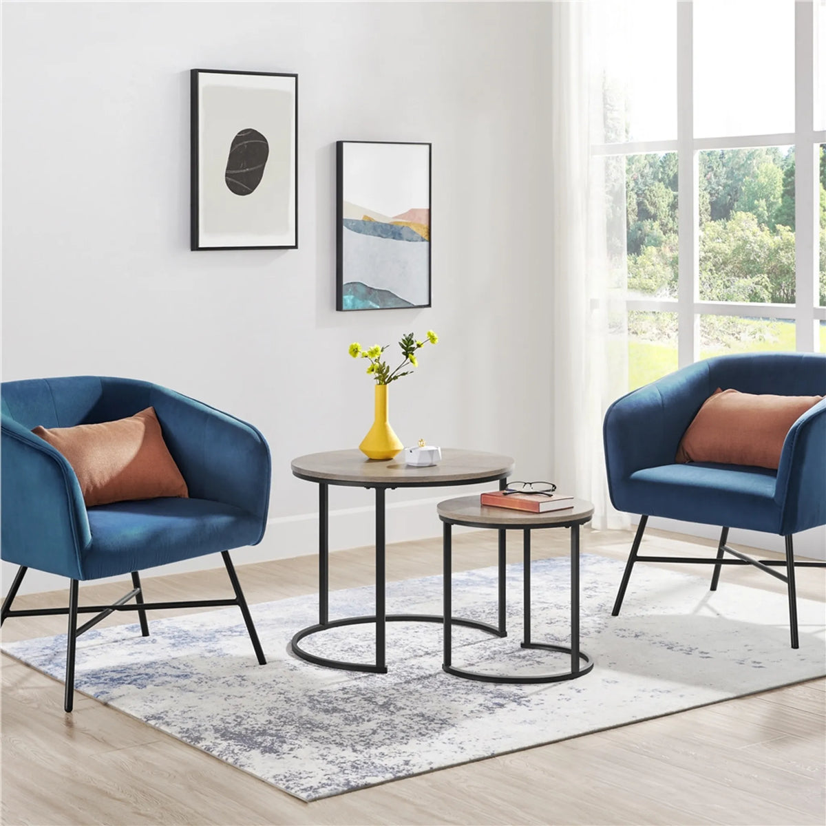 Yaheetech Beistelltisch-Set, 2er-Set, rund – mit ineinander verschiebbarem Design, wasserabweisender Tischplatte und Metallgestell – für Wohn- und Schlafzimmer – graues MDF – 60 x 60 x 50,5 cm