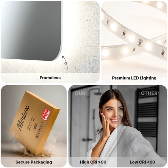 Mirlux Badezimmerspiegel mit LED-Beleuchtung und Heizung – quadratischer Wandspiegel – beschlagfreier Duschspiegel – rahmenlos – 80 x 80 cm