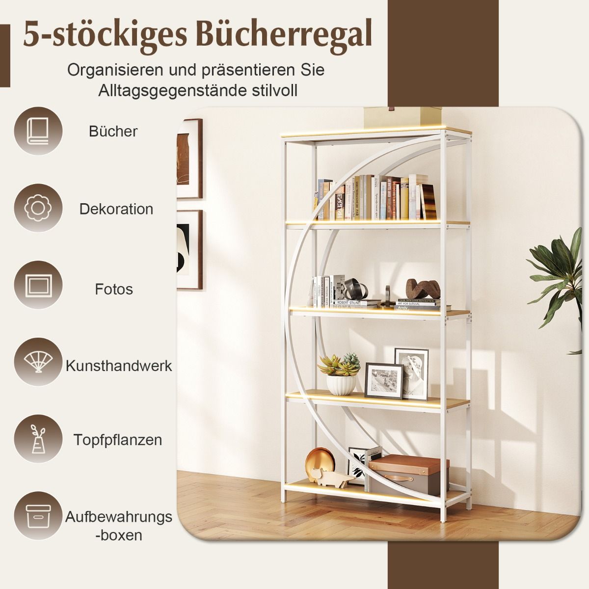 Coast Bücherregal – geometrisches Design – 5 offene Einlegeböden – weiß und naturfarben