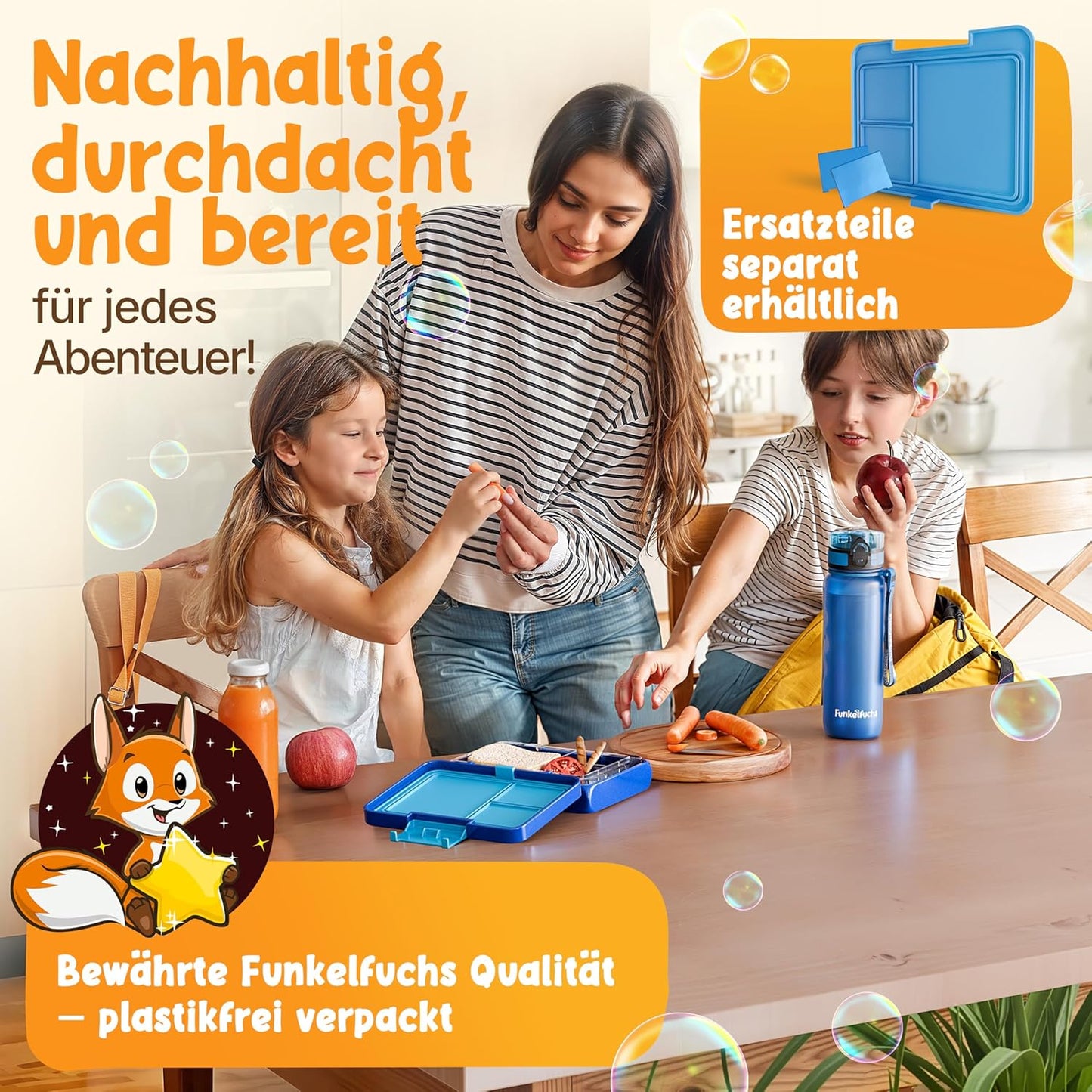 Funkelfuchs® - Lunchbox Kids mit Fächern - 500ml, blau - Lunchbox Stern, klein - Brotzeitbox, Snackbox, Lunchbox, Brotzeitbox, bento box kids - für Schule, Kindergarten und Krippe