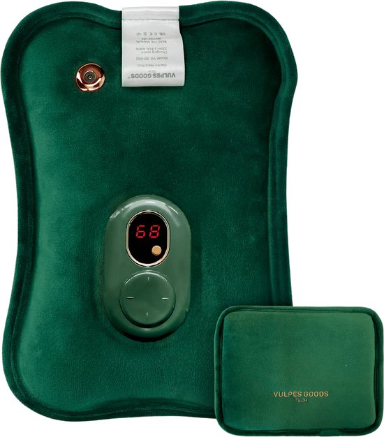 Vulpes Goods® - Elektrische Kanne - Weicher grüner Flanell - Digitale Anzeige - Kabellos und energieeffizient - Inklusive HandwärmerBei Menstruationsschmerzen und Muskelkater - Wärmflasche fürs Bett