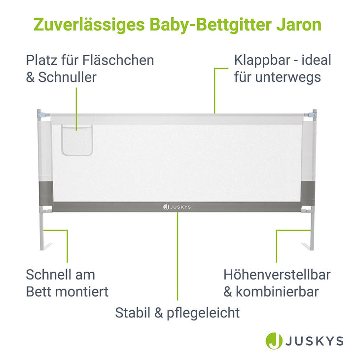 Juskys Bettgitter für Babies - Grau - Höhenverstellbar - 200 x 71-101 cm