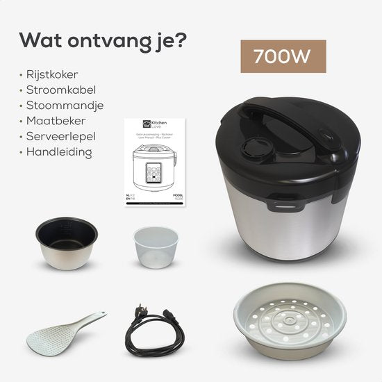 KitchenLove Reiskocher mit Dampfgarer - 1.8L - Aufwärmfunktion - 3 bis 8 Personen - Edelstahl -Schwarz