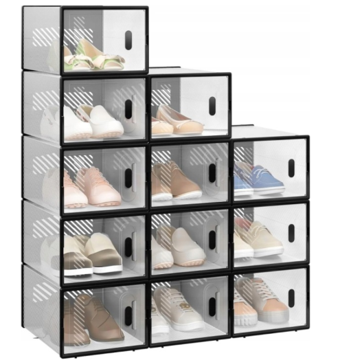 WOLTU Schuhschrank, transparent, schwarz – Set mit 12 stapelbaren Boxen, 35 x 25 x 19 cm