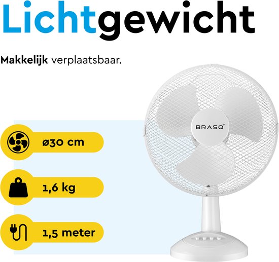 BRASQ Tischventilator - 30 cm - 3 Geschwindigkeiten - Standventilator - 40 Watt - Weiß