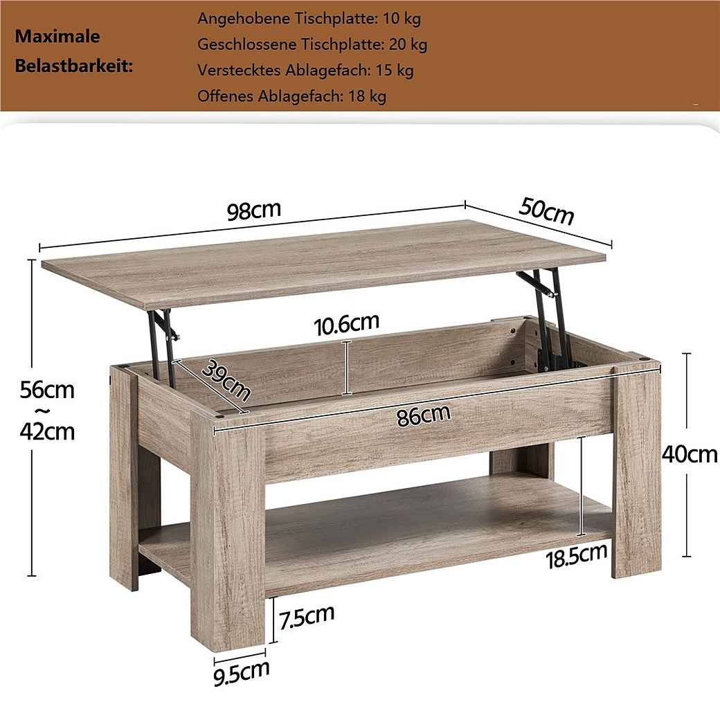 Yaheetech Couchtisch mit Hubplatte – Grau – 98 x 50 x 41,8/56 cm – Höhenverstellbar mit Stauraum