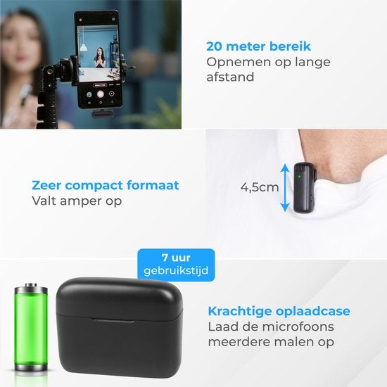 Nuvance - Drahtloses Mikrofon - 2 Stück mit Ladekoffer - Tie Pin Mikrofon - Usb C - Lavelier Mikrofon - Plug & Play