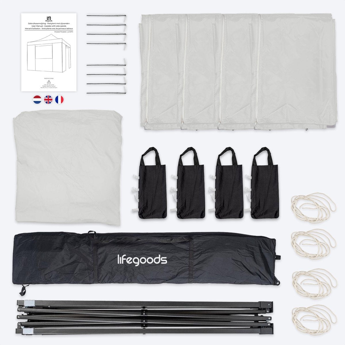 LifeGoods Partyzelt - Pavillon - 3x3 m - Seitenwände - leicht aufbaubar - faltbar - wasserdicht - Tragetasche mit Rädern - weiß