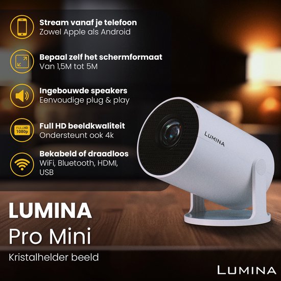 Lumina Mini Pro Beamer - Heimkino - Android 11.0 - WiFi 6 & Bluetooth 5.2 - 4k Bildqualität - Projektionsfläche - Weiß