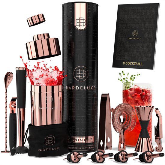 BarDeluxe® Cocktail-Set – 12-teilig – Cocktailshaker 750 ml – Edelstahl – inklusive luxuriöser Geschenkbox – Aufbewahrungstasche & Rezeptbuch – Roségold