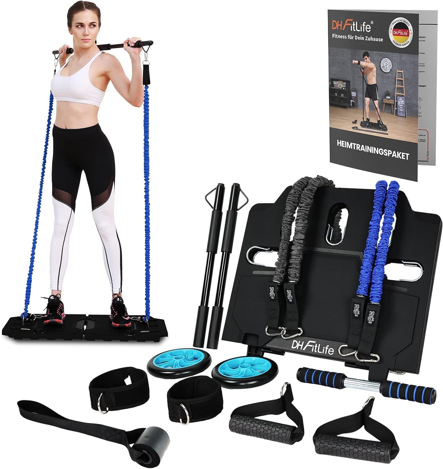DH FitLife Komplettes Heimtrainingsset mit Widerstandsbändern – 86 x 50 x 2,5 cm – Schwarz