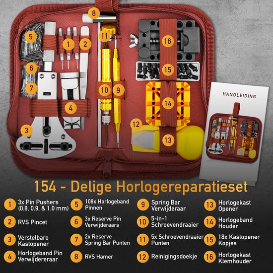 Happy Goods Uhrenwerkzeuge - Uhrenarmband-Inkorter - 154 Stück - Uhrenreparaturset - bis 55 mm - Uhrenöffner - Uhrenschraubendreher-Set - Uhrengehäuseöffner - Uhrenwerkzeuge