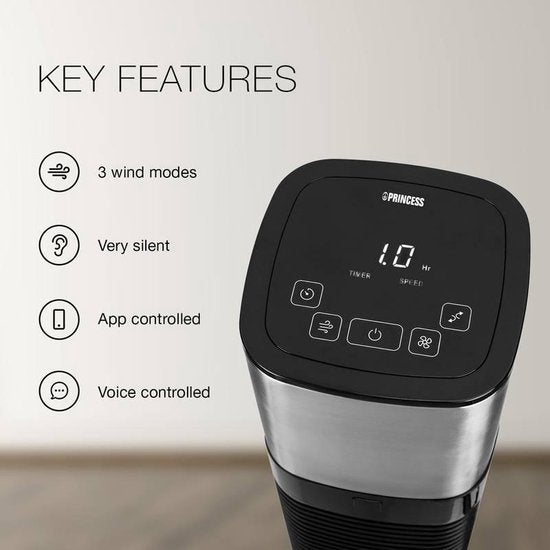 Ventilatoren - Princess 350000 - Intelligenter Turmventilator; Schwarz; Timerfunktion; Ventilator; Intelligenter Ventilator; Fernsteuerung und App steuerbar; Energieeffiziente Kühlung