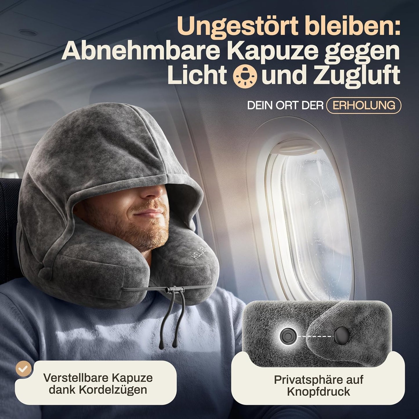 Heldenwerk Premium Air Aufblasbares Nackenkissen – Dunkelgrau – Größe S – Inklusive Kapuze und Ohrstöpseln