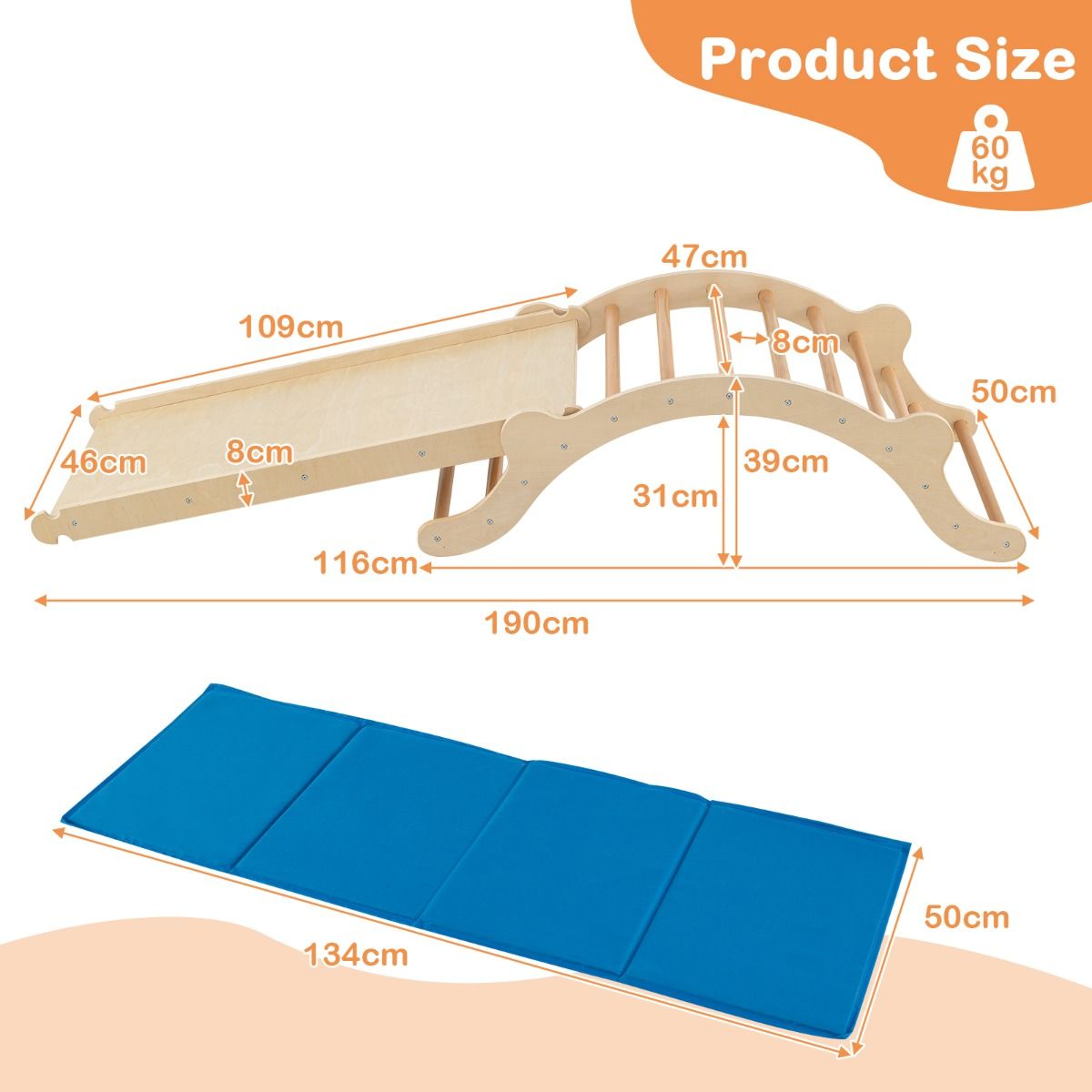 Coast 3-in-1-Kletterleiterset aus Holz mit Bogen, Rutsche und Matte - 116 x 50 x 39 cm - Natur