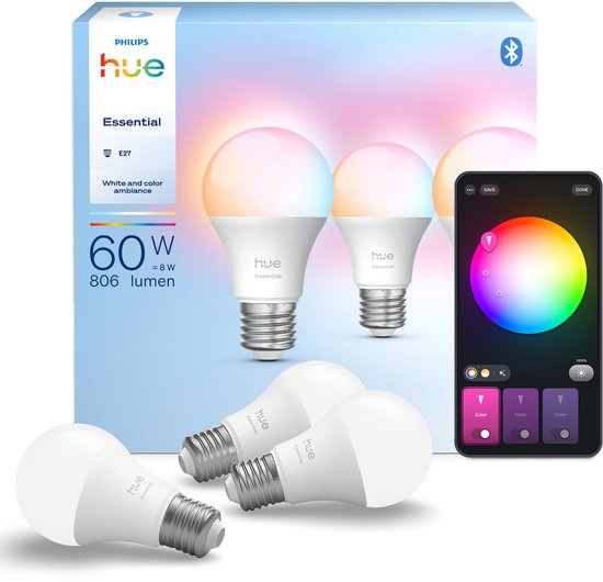 Philips Hue Essential LED-Lampe – E27-Fassung – enthält 3 Lampen – einstellbares weißes und farbiges Licht – Standard-Lampenform – intelligente Beleuchtung