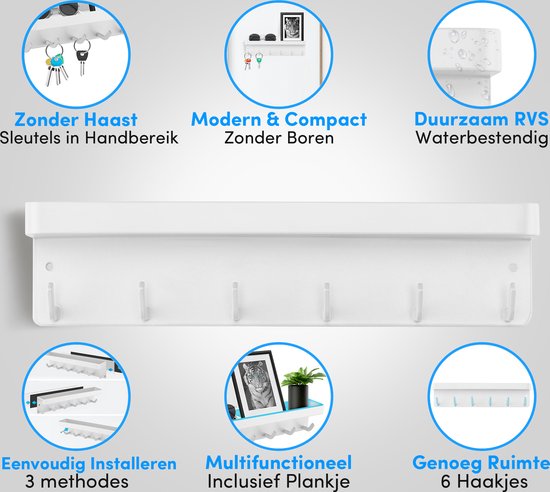 Happy Goods® Schlüsselregal Weiß - Schlüsselschrank für den Innenbereich - Selbstklebend - Schlüsselhalter - Edelstahl - Schlüsselorganizer - Schlüsselbrett Modern - Schlüsselregal inklusive Schrauben - Schlüsselschränke