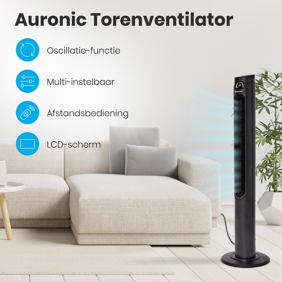 Auronic Tower Fan - Standventilator mit Fernbedienung - Timer - 55W - 45dB - 118cm - Dunkelgrau