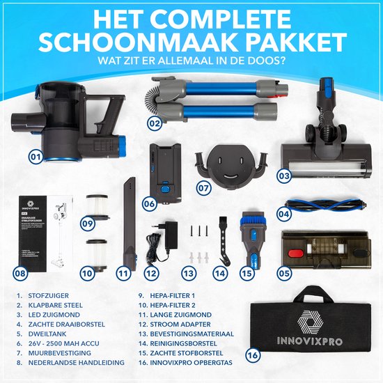 Innovixpro® Stabstaubsauger Cordless - Leistungsstarker 30KPa - Mit Wischfunktion - Beutellos - Akkubetrieben - Inkl. Extra Aufsätze & Aufbewahrungsbeutel - HEPA Filter - Multifunktional