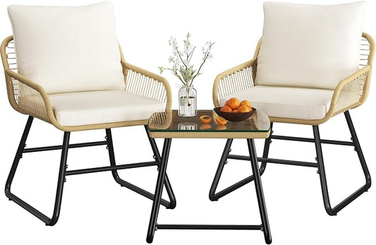 Yaheetech 3-teiliges Bistro-Set – inklusive Kissen und Glastisch – Beige/Creme