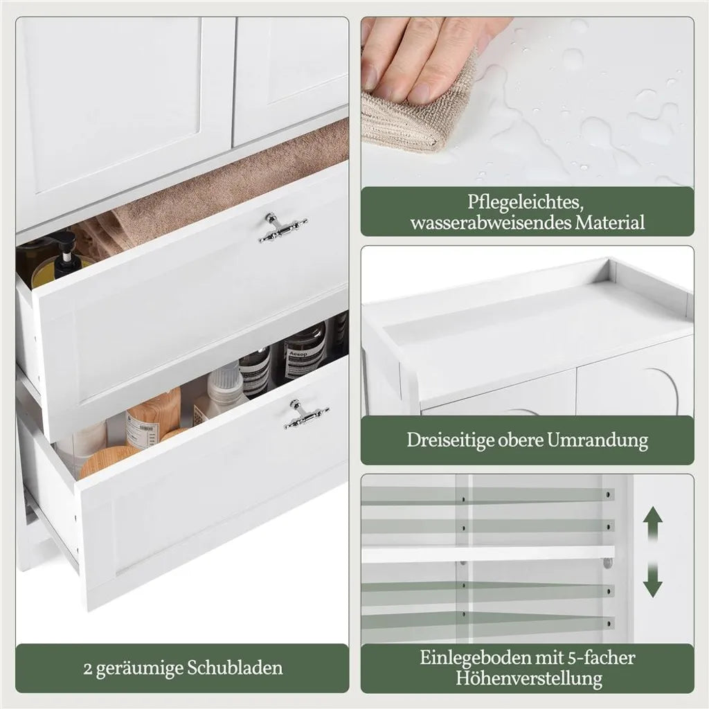 Yaheetech Badezimmerschrank mit 2 Türen und 2 Schubladen, 60 x 30 x 115 cm, Weiß