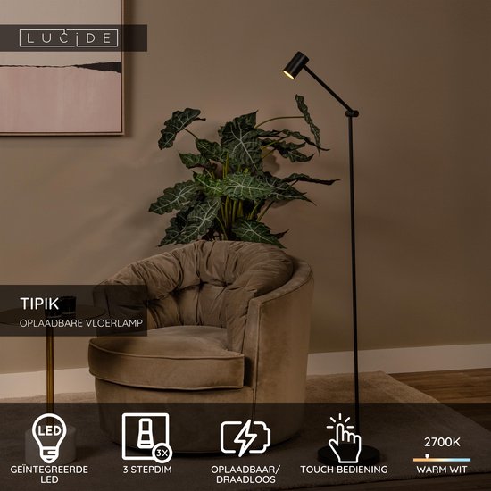 Lucide TIPIK – Wiederaufladbare Stehlampe – Akku/Batterie – LED mit 3-stufiger Dimmung – 1×3 W, 2700 K – Schwarz