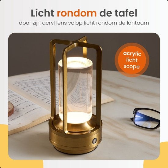 Goliving Tischlampe Wiederaufladbar - Laterne - Kabellos und dimmbar - Moderne Berührungslampe - Nachtlampe für das Schlafzimmer - 17,5 cm - Gold