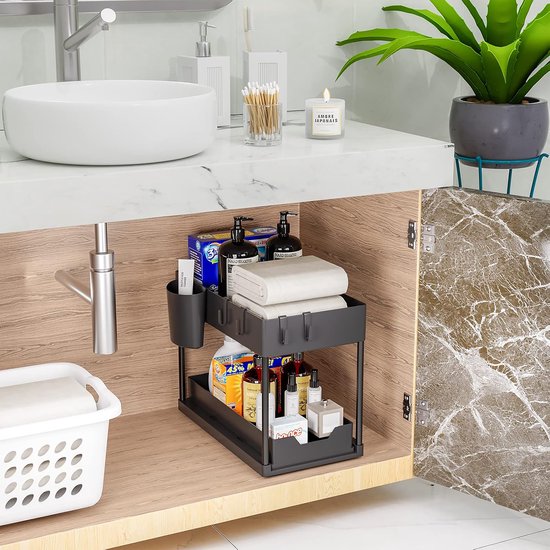 Nexxt Küchenschrank-Organizer - 2 Lagen - Regal mit ausziehbarer Schublade - Inklusive Haken und Tabletts - Spülen-Organizer - Schwarz