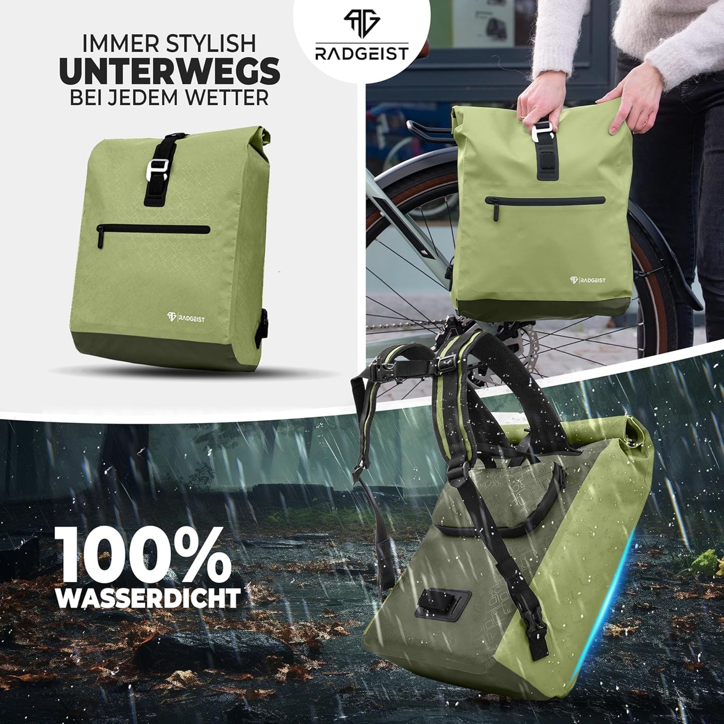 RADGEIST Fahrradtasche - Für Gepäckträger - Für Frauen & Männer - Umhängetasche - 20L - Grün