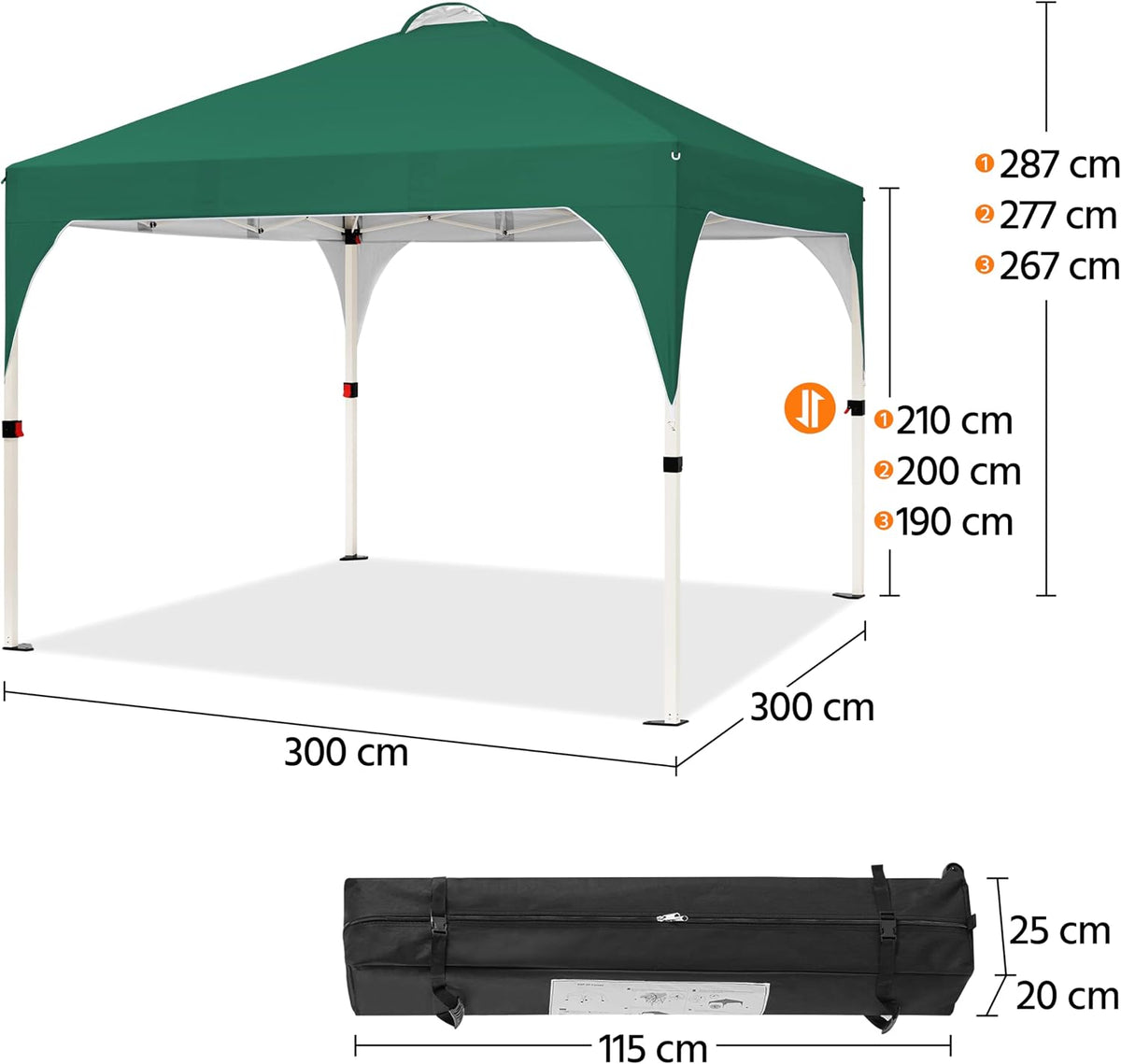 Faltpavillon 3 × 3 m Pop-up-Gartenpavillon, höhenverstellbar, mit Belüftung und Tragetasche, dunkelgrün