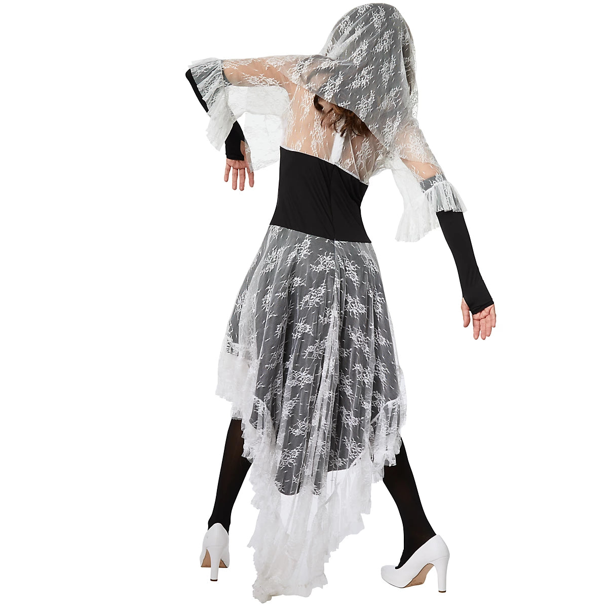 DressForFun Gruseliges Skelett-Brautkostüm für Damen – Mit hochstehendem Spitzenkragen, gepolsterten Cups und Schleier – Für Halloween und Karneval – Schwarz-weißes Polyester – Größe S