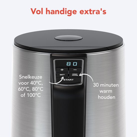 KitchenBrothers Wasserkocher - Elektrisch - 1,5L - 2200W - Einstellbare Temperaturregelung - Doppelwandig - Edelstahl-Wasserkocher - Silber