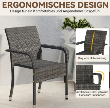 Yaheetech Rattan-Gartenstühle, 2er-Set – Grau – 58 x 58 x 84 cm – stapelbar, mit Armlehnen